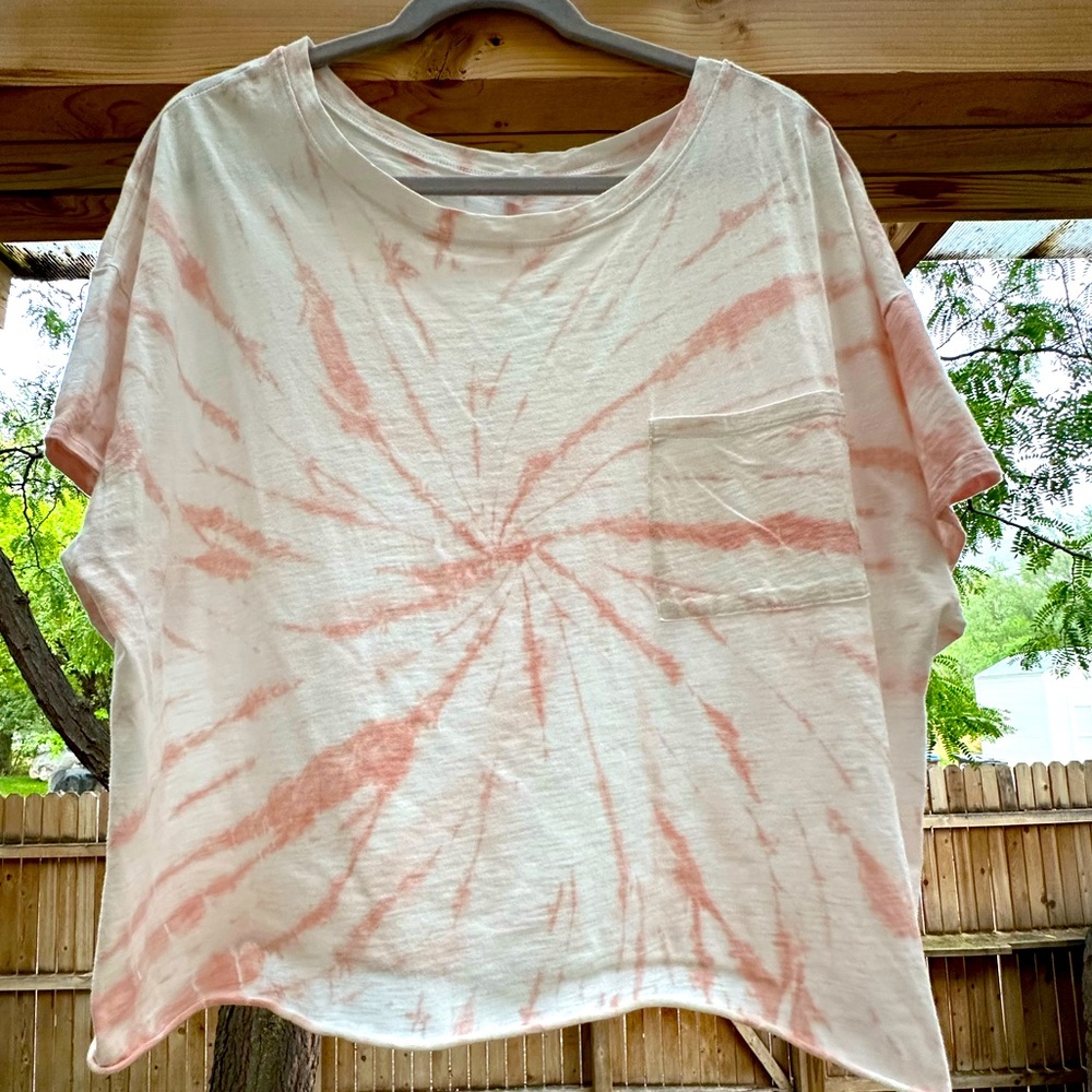 Pink White Tie Dye Cropped Short Sleeve Oversized Flowy  Pocket T Shirt Medium